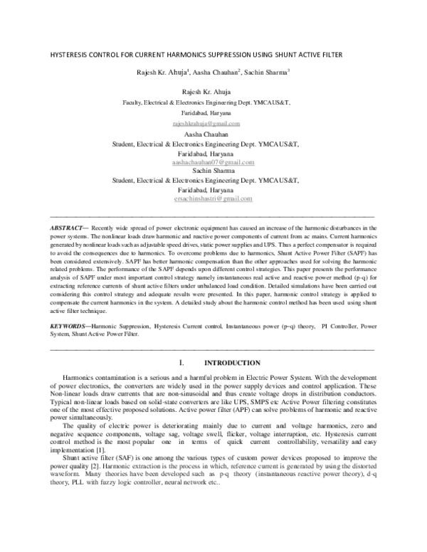 (PDF) Hysteresis Control for Current Harmonics Suppression Using Shunt ...