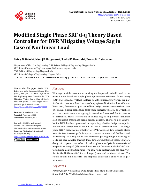 (PDF) Modified Single Phase SRF d-q Theory Based Controller for DVR ...