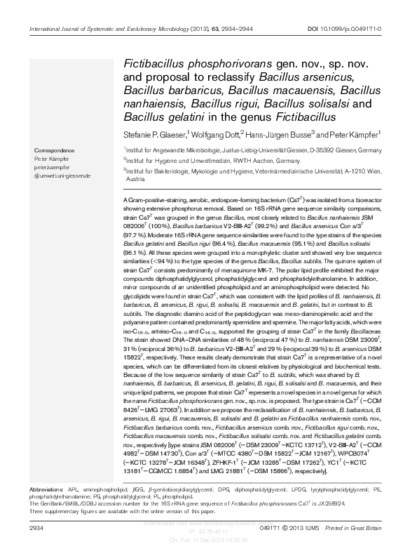 (PDF) Fictibacillus phosphorivorans gen. nov., sp. nov. and proposal to