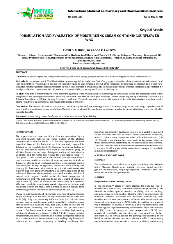 (PDF) Formulation and Evaluation of Moisturizing Cream Containing