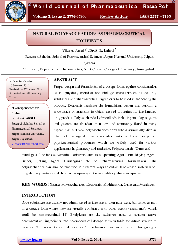 (PDF) Natural Polysaccharides as Pharmaceutical Excipients
