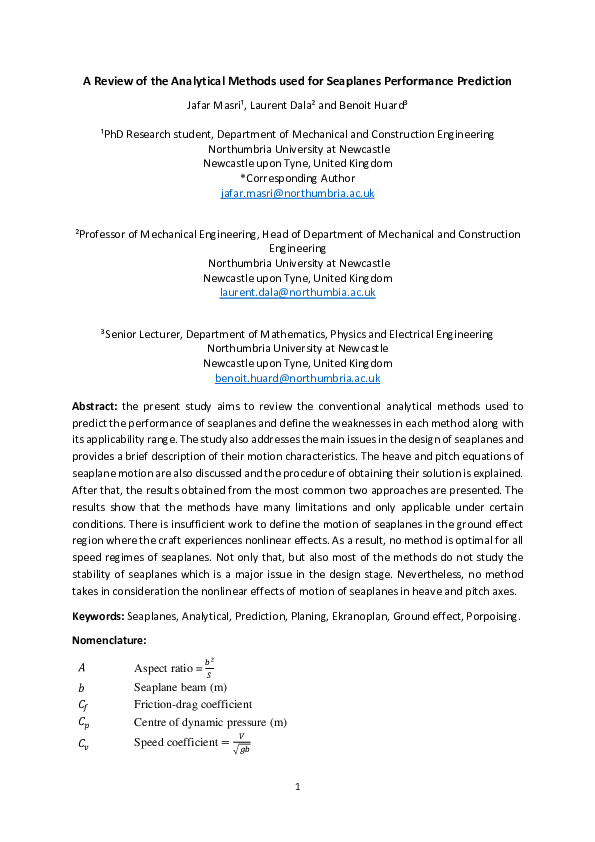 (PDF) A review of the analytical methods used for seaplanes ...