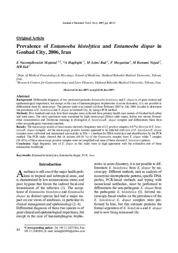 (PDF) Prevalence of Entamoeba histolytica and Entamoeba dispar in ...