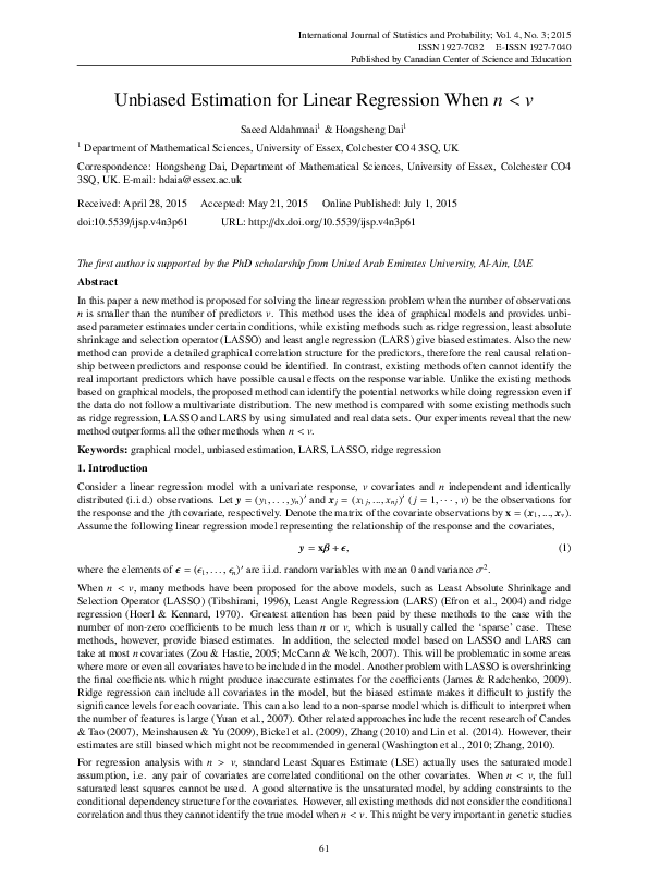 (PDF) Unbiased Estimation for Linear Regression When n