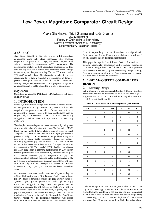 (PDF) Low Power Magnitude Comparator Circuit Design