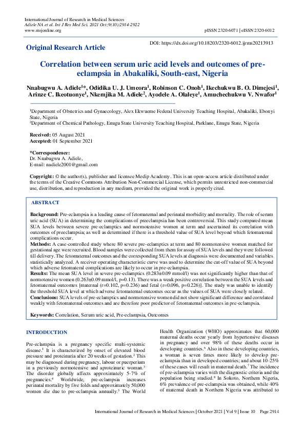 (PDF) Correlation between serum uric acid levels and outcomes of pre ...