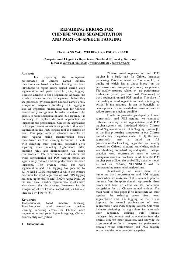 (PDF) Repairing errors for Chinese word segmentation and part-of-speech ...