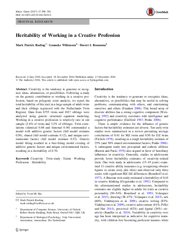 (PDF) Heritability of Working in a Creative Profession