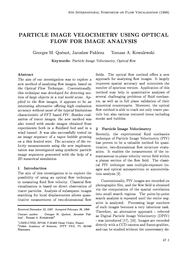 (PDF) Particle image velocimetry using optical flow for image analysis