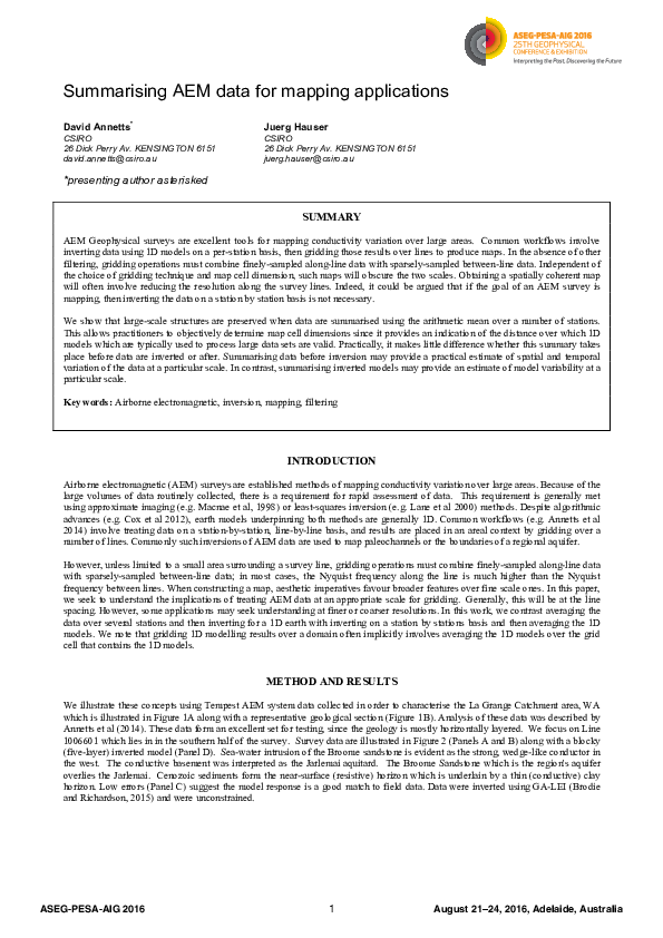 (PDF) Summarising AEM Data for Mapping Applications