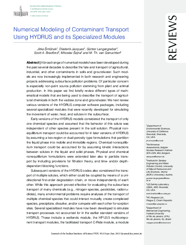 (PDF) Numerical modeling of contaminant transport using HYDRUS and its ...