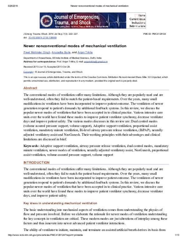 (PDF) Newer nonconventional modes of mechanical ventilation