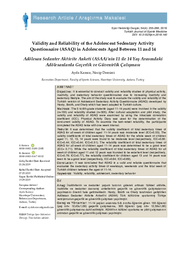 (PDF) Validity and Reliability of the Adolescent Sedentary Activity ...