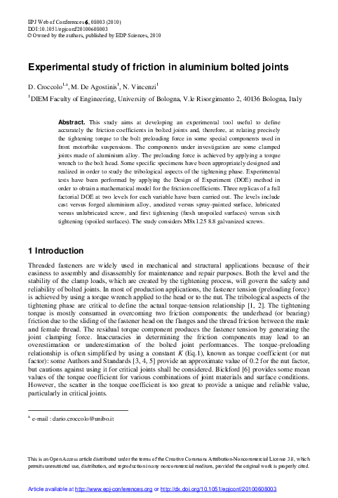 (PDF) Experimental study of friction in aluminium bolted joints