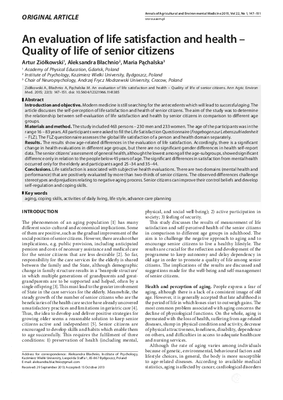 (PDF) An evaluation of life satisfaction and health - Quality of life ...