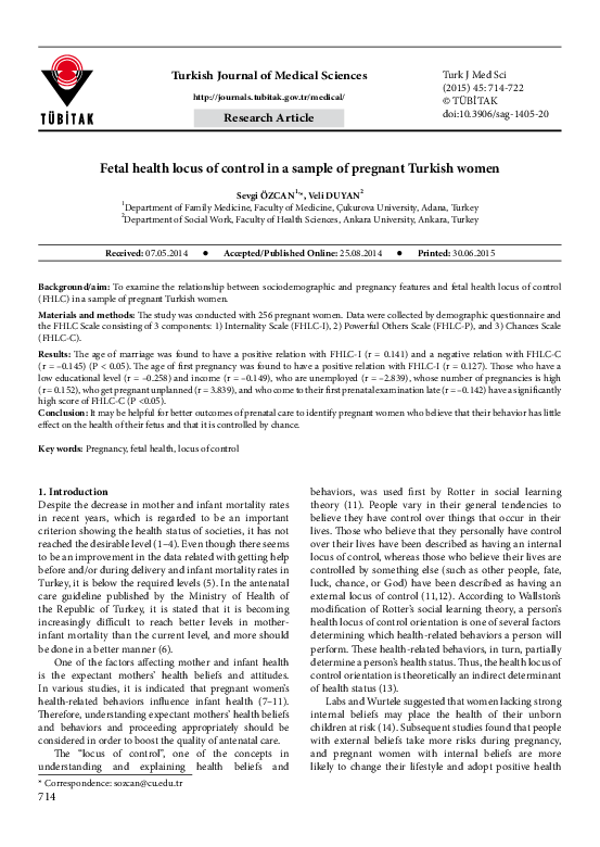 (PDF) Fetal health locus of control in a sample of pregnant Turkish women
