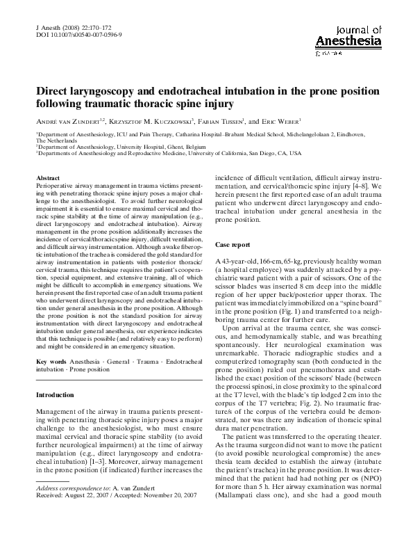 (PDF) Direct laryngoscopy and endotracheal intubation in the prone ...