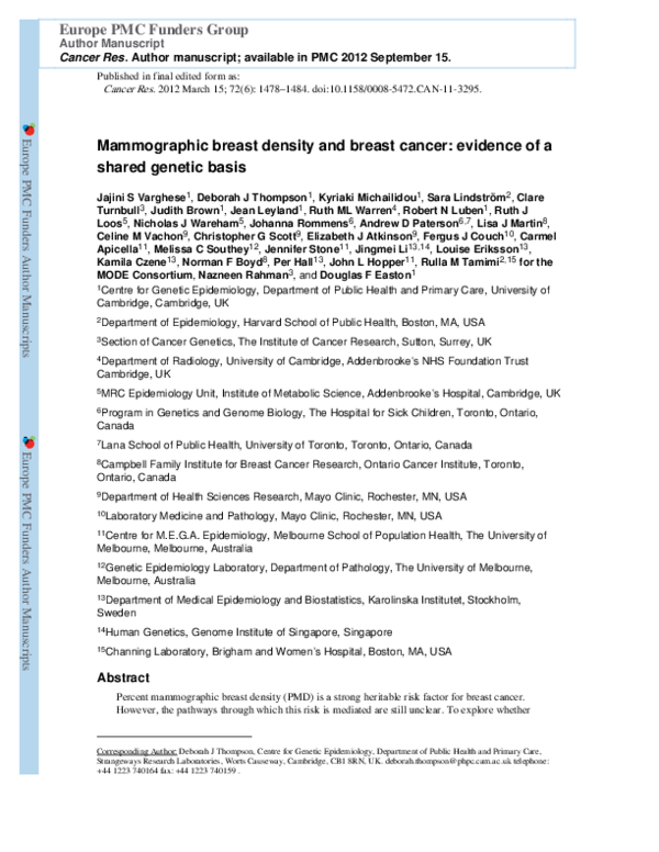 (PDF) Mammographic breast density and breast cancer risk by menopausal ...