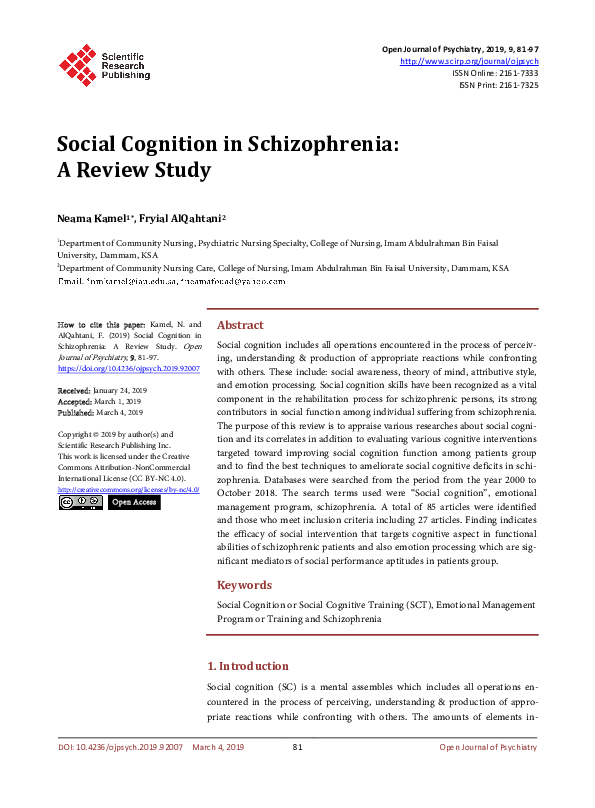(PDF) Social Cognition in Schizophrenia: A Review Study