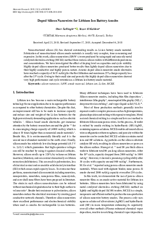 (PDF) Doped Silicon Nanowires for Lithium Ion Battery Anodes