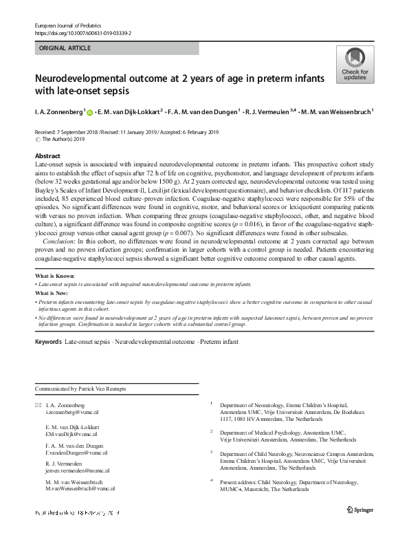 (PDF) Neurodevelopmental outcome at 2 years of age in preterm infants ...