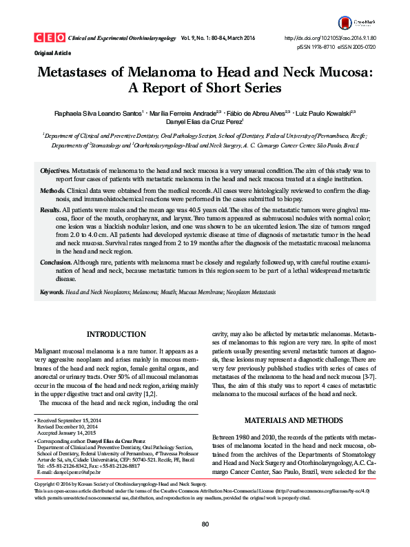 (PDF) Metastases of Melanoma to Head and Neck Mucosa: A Report of Short ...