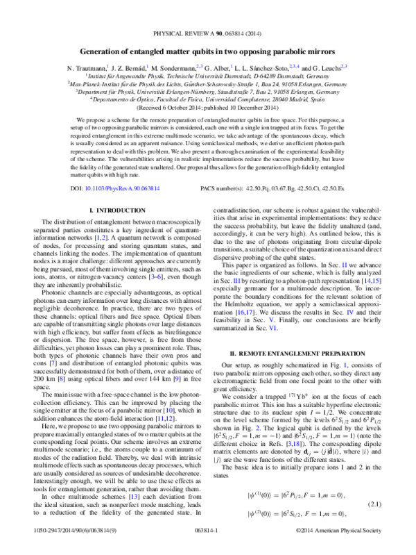(PDF) Generation of entangled matter qubits in two opposing parabolic ...
