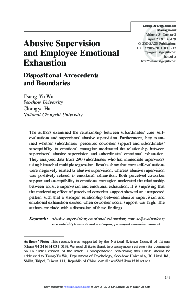 (PDF) Abusive supervision and employee emotional exhaustion