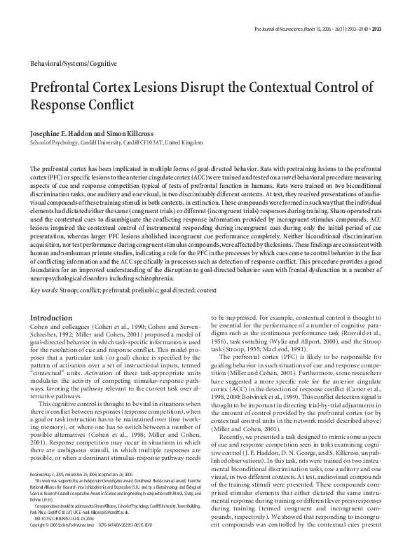 (PDF) Prefrontal Cortex Lesions Disrupt the Contextual Control of ...