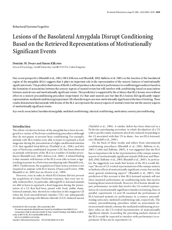 (PDF) Lesions of the Basolateral Amygdala Disrupt Conditioning Based on ...