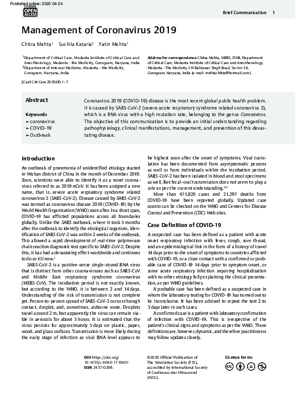 (PDF) Management of Coronavirus 2019