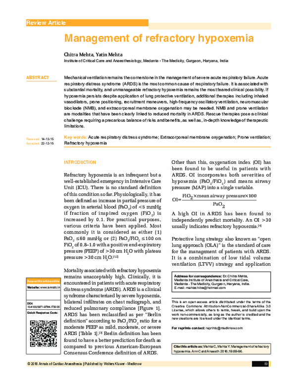 (PDF) Management of refractory hypoxemia
