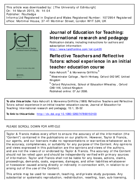 (PDF) Reflective Teachers and Reflective Tutors: school experience in ...