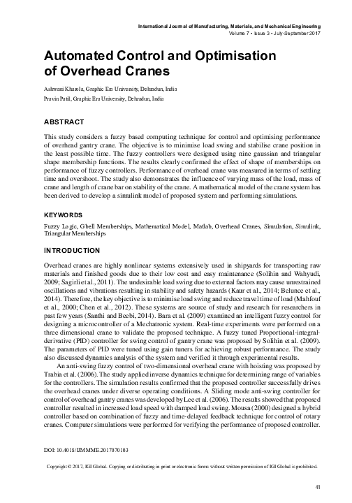 (PDF) Automated Control and Optimisation of Overhead Cranes