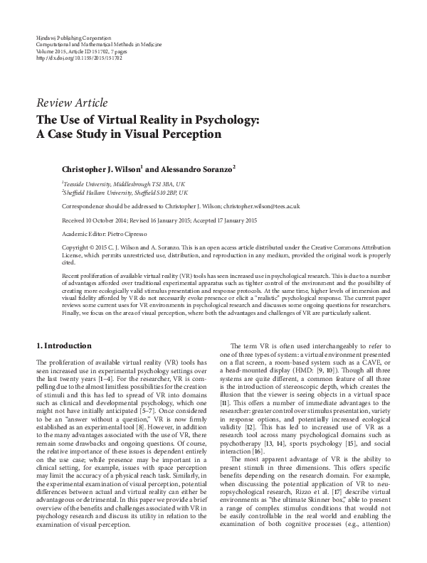 (PDF) The Use of Virtual Reality in Psychology: A Case Study in Visual ...