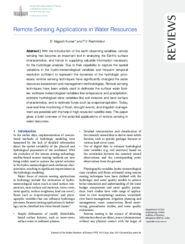 (PDF) Remote Sensing Applications to Water Resources