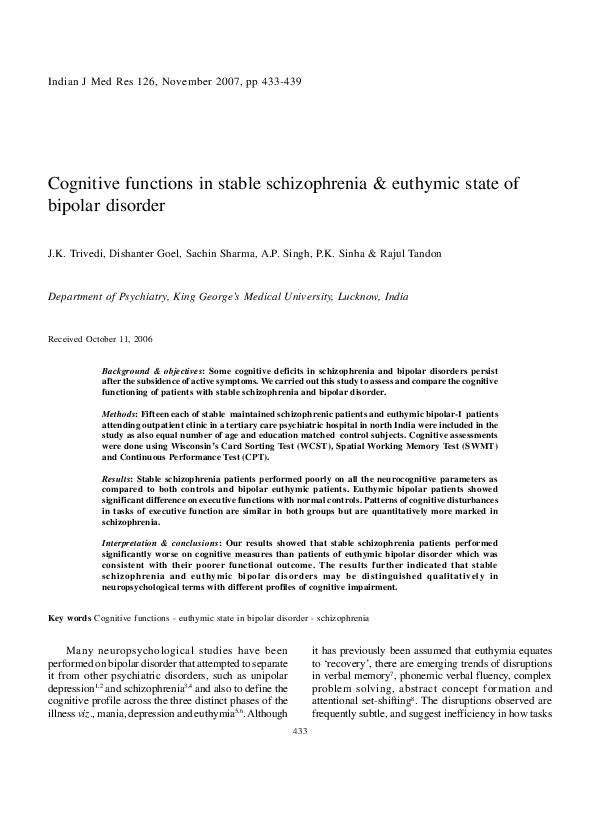 (PDF) Cognitive functions in stable schizophrenia & euthymic state of ...
