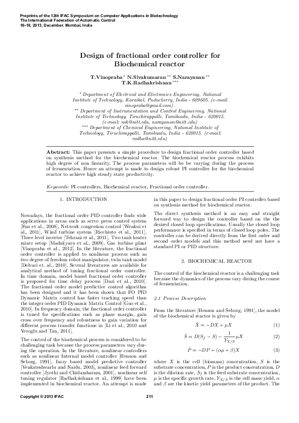 (PDF) Design of Fractional Order Controller for Biochemical Reactor