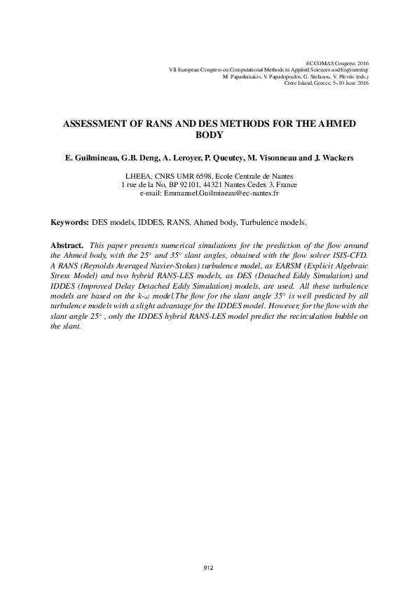 (PDF) Assessment of Rans and Des Methods for the Ahmed Body