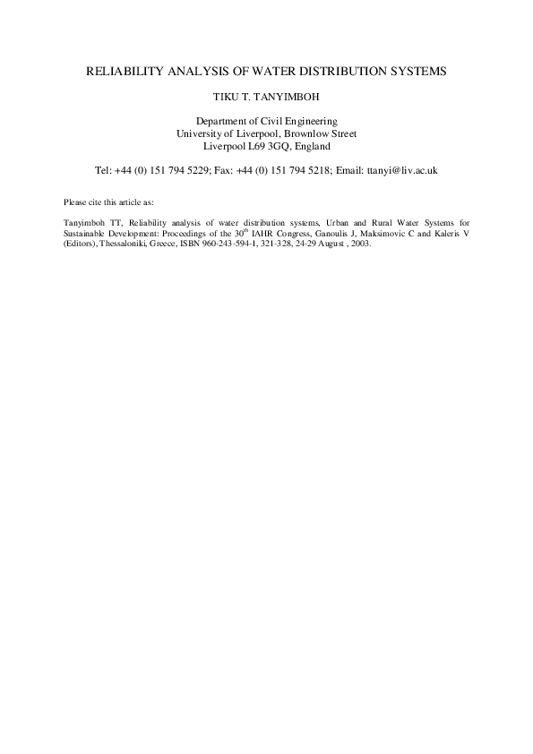 (PDF) Reliability Analysis of Water-Distribution Systems