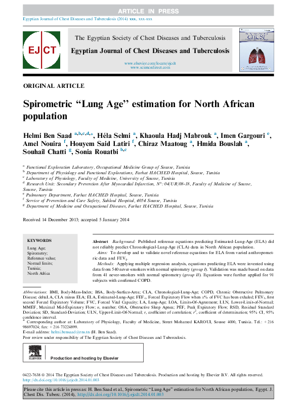 (PDF) Spirometric “Lung Age” estimation for North African population