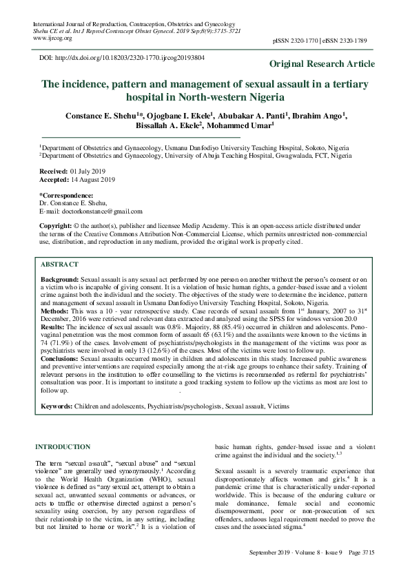 (PDF) The incidence, pattern and management of sexual assault in a ...