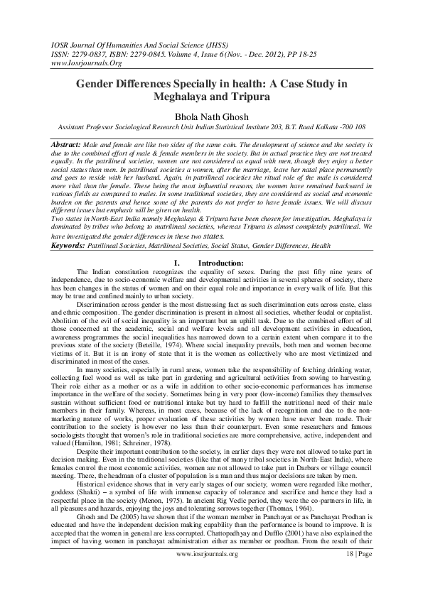 (PDF) Gender Differences Specially in health: A Case Study in Meghalaya ...