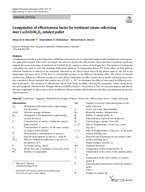 (PDF) Computation of effectiveness factor for methanol steam reforming ...