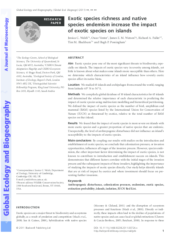 (PDF) Exotic species richness and native species endemism increase the ...