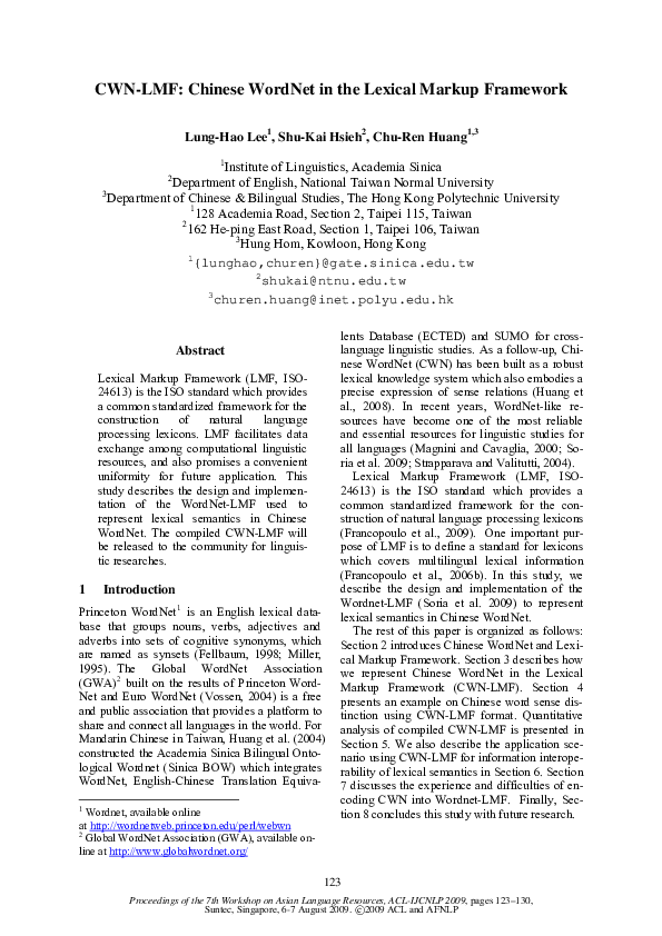 (PDF) CWNLMF Chinese in the lexical markup framework Shu
