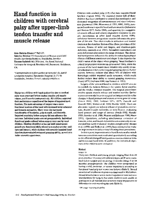 (PDF) Hand function in children with cerebral palsy after upper-limb ...