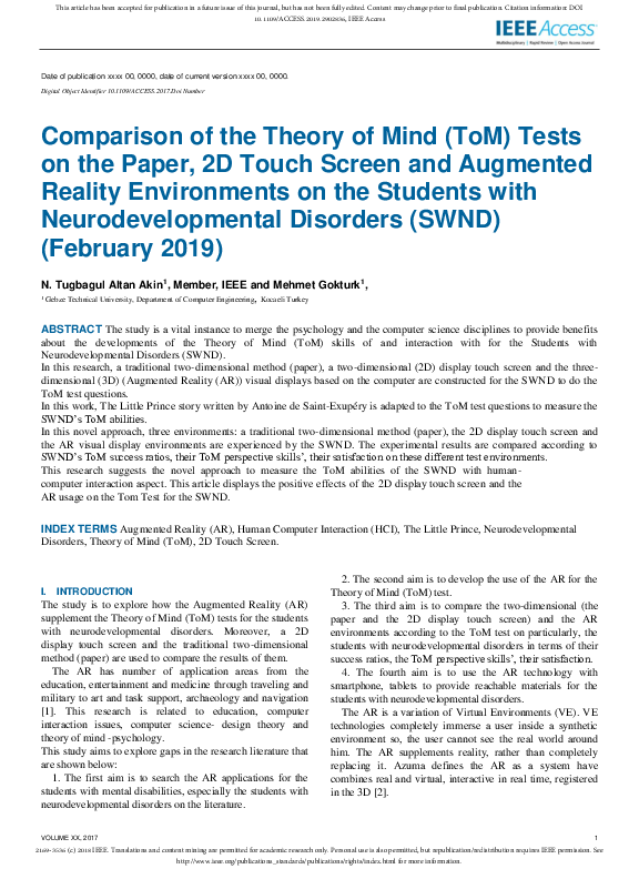(PDF) Comparison of the Theory of Mind (ToM) Tests on the Paper, 2D ...