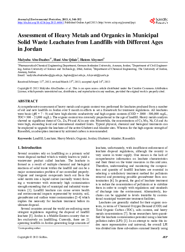 (PDF) Assessment of heavy metals and organics in municipal solid waste ...