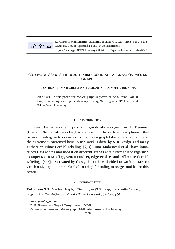 (PDF) Coding Messages Through Prime Cordial Labeling on McGee Graph